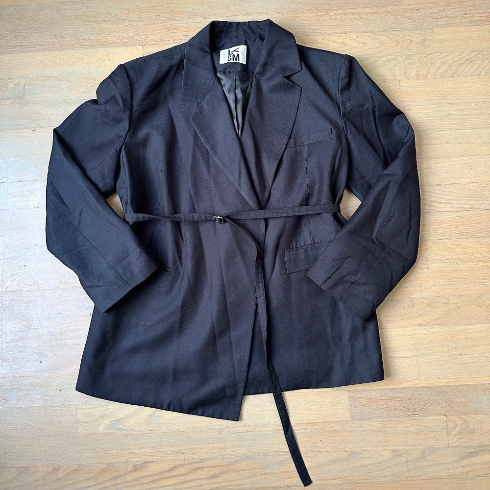 LYSM The Frankie Shop Belted Wool Silk Navy Blue Blazer Jacket